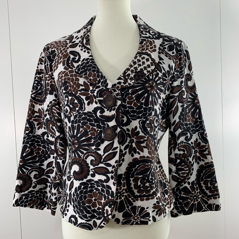 Carole Little 8 blazer 2 buttons brown black flora